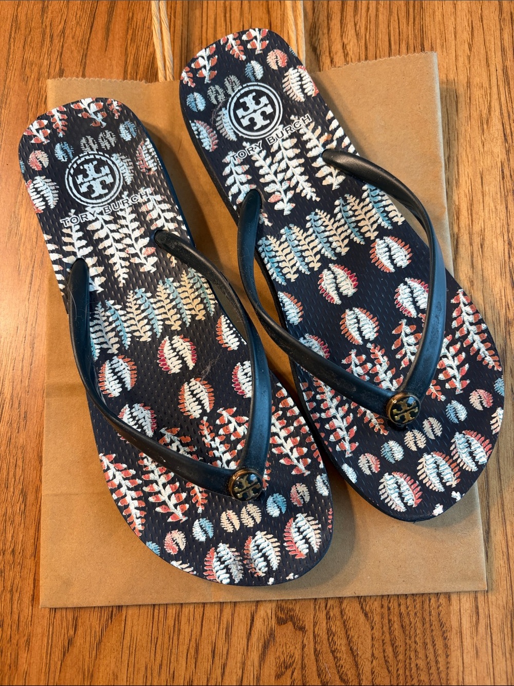 Tory Burch Women’s Navy Multi-Color Pattern Flip Flops